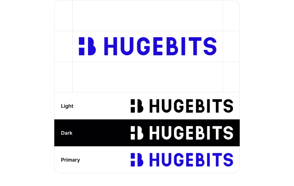 hugebits logo on dark, light and primary colors
