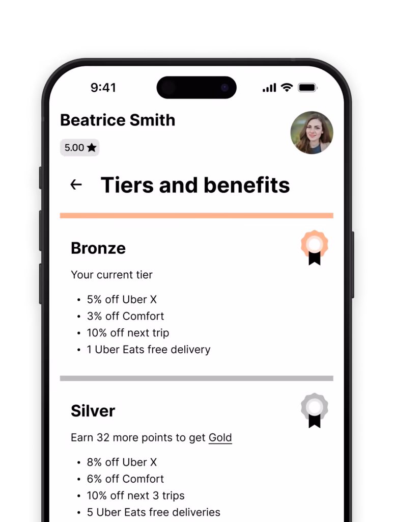 phone that has uber app opened on tiers and benefits page