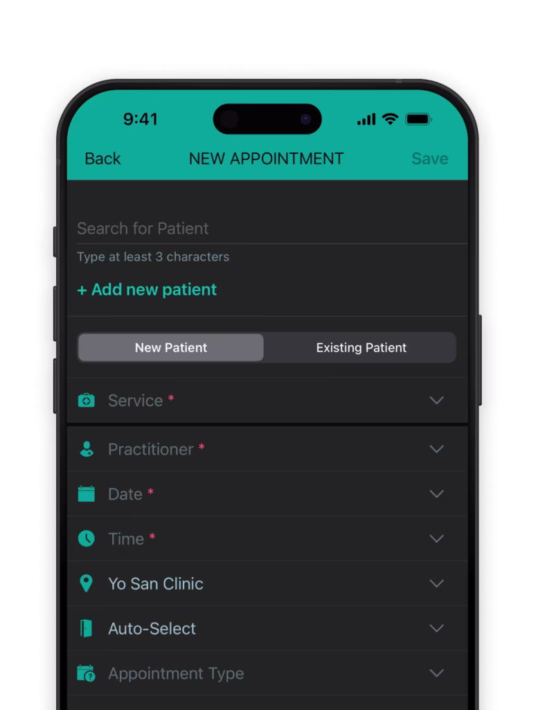 unified practice mobile screen where an appointment is made