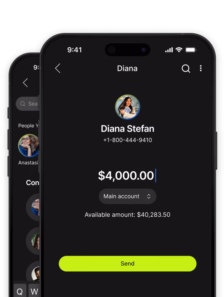 wise wallet finance app, send money to a friend screen