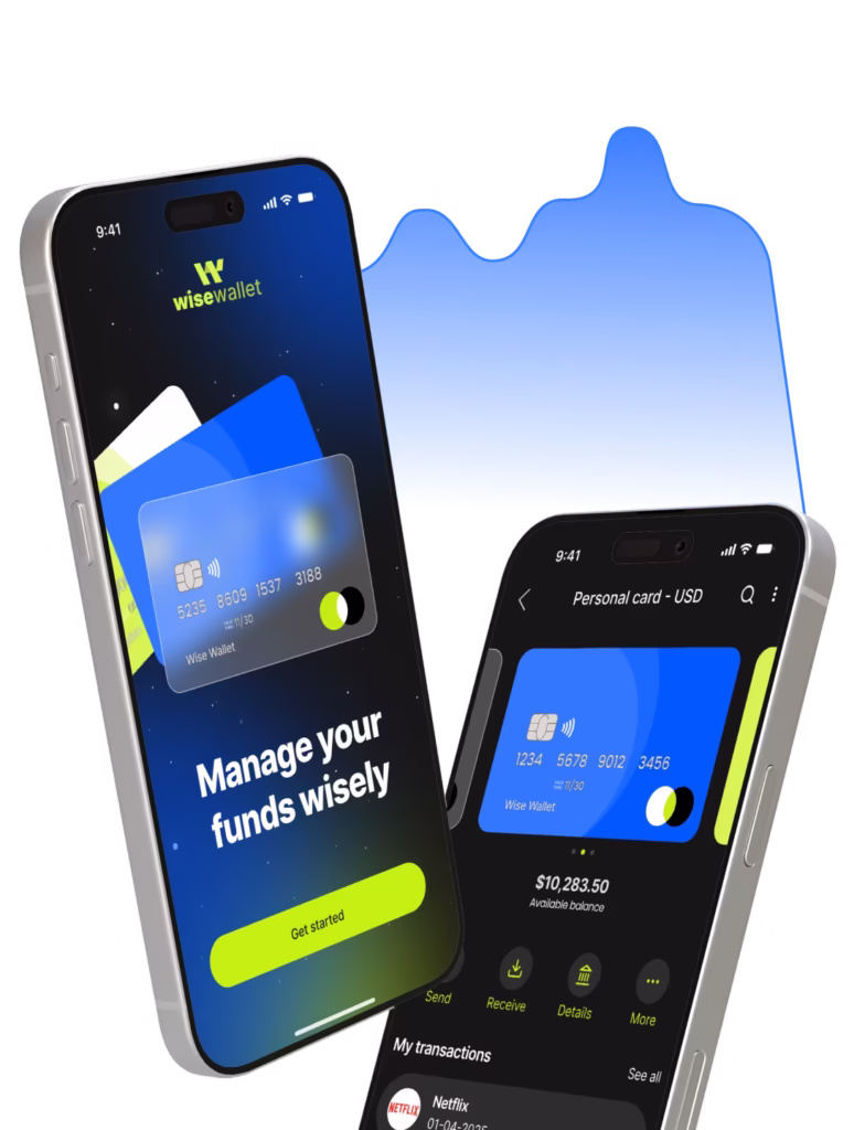 wise wallet, two phones presenting the welcome screen and the dashboard